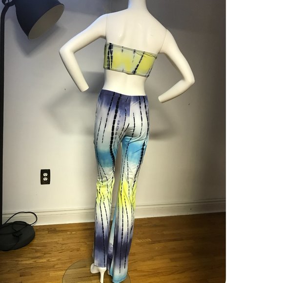 Tie Dye Rainbow yellow blue purple black Bandeau Bikini top pants suit set - Picture 3 of 3